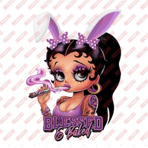 May include: A cartoon illustration of a woman with purple eyeshadow and a purple and white bunny ear headband. She is holding a lit joint in her right hand and has a tattoo on her left arm. The text "Blessed & Baked" is written in purple and white letters below her.