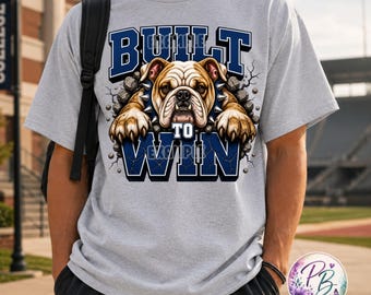 Built To Win Bulldog PNG, Blue White Sublimation Design, Bulldog Mascot Varsity Graphic, Game Day DTF, Digital Download