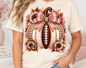 Pink Football Pumpkin PNG, Gingham Fall Sublimation Design, Girly Autumn Sports Graphic, Coquette Bow Pumpkin DTF, Digital Download