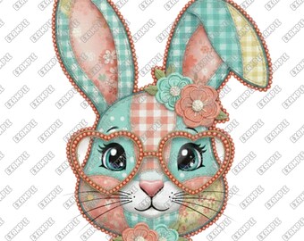 Coniglietto floreale patchwork PNG, Coniglio con contorno di perle PNG, Pasqua alla moda PNG, Coniglietto di pizzo PNG, Stampabile, download digitale