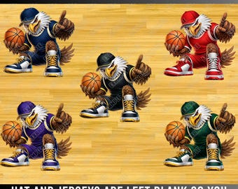 Pacchetto mascotte aquila da basket, 5 colori SVG PNG, logo sportivo vettoriale, grafica di uccello da basket, download digitale per DTF e sublimazione