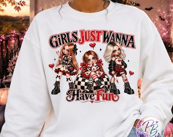 Creepy Doll Girls PNG, Girls Just Wanna Have Fun Halloween PNG, Red Black Gothic DTF Shirt Design, Spooky Doll Sublimation