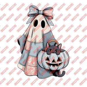 Op de afbeelding: Een Halloween-illustratie met een geest met een patchwork-ontwerp en een grote strik. Een zwarte kat kijkt uit een uitgesneden pompoenmand. Het kleurenpalet omvat zachte blauw-, roze- en wittinten.