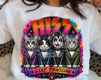 Hiss, Gatto Rock Band PNG, Grafica Divertente Parodia Gatto Hiss, Design Maglietta Amante dei Gatti, Download Digitale Sublimazione