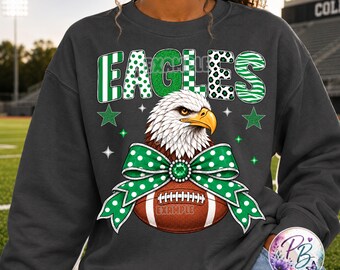Eagles Football PNG, Green Mascot Sublimation Design, School Spirit Game Day Graphic, Green Cheer Bow DTF, Digital Download