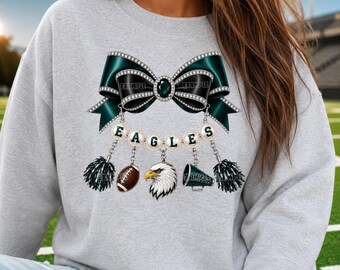Eagles Football PNG, Green Black Sublimation Design, Eagle Mascot Cheer Bow Graphic, Game Day DTF, Digital Download, School Spirit Charm