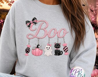 Pink Rhinestone Boo PNG, Halloween Charm Sublimation Design, Girly Ghost Cat Graphic, Pink Halloween DTF, Digital Download