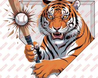 Tiger Baseball, Tiger Baseball Head, Fierce Tiger, Tiger Family Shirt, Digital PNG download, Dtf, Sublimation, Baseball Home Plate