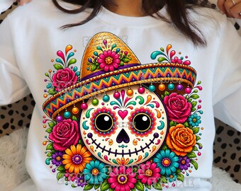 Teschio sorridente Cinco De Mayo, sombrero con teschio di zucchero, camicia Fiesta, vacanza messicana, grafica colorata con teschio floreale, png digitale