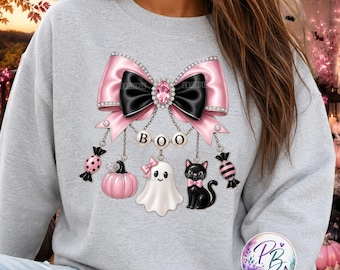 Pink Coquette Halloween Bow PNG, Boo Ghost Black Cat Charm Sublimation Design, Girly Spooky DTF Transfer, Digital Download