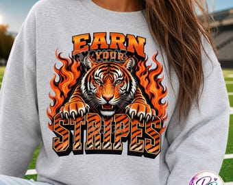 Earn Your Stripes Tiger PNG, Orange Black Sublimation Design, Tiger Mascot Varsity Graphic, Game Day DTF, Digital Download