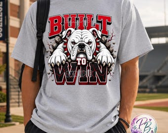 Built To Win Bulldog PNG, Red Black Sublimation Design, Bulldog Mascot Varsity Graphic, Game Day DTF, Digital Download