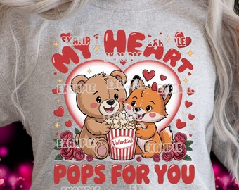 Il mio cuore scoppia per te, design a sublimazione / Gioco di parole sui popcorn per San Valentino / Duo di animali dei cartoni animati retrò / PNG di alta qualità