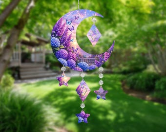 Pacchetto PNG di girandole floreali, tramonto con ortensie rosa pesca e blu viola, design a sublimazione circolare, luna crescente, download digitale