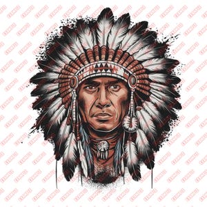 Könnte beinhalten: Ein indianischer Mann trägt ein traditionelles Kopfschmuck mit Federn und einer Perlenkette. Der Kopfschmuck ist rot, weiß und schwarz, und die Federn sind weiß. Der Mann hat einen ernsten Gesichtsausdruck.