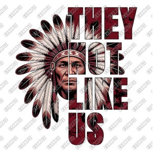 May include: A graphic design featuring a Native American chief with a feathered headdress. The image is split, with the chief's face on the left and the words "THEY NOT LIKE US" in a distressed, textured font on the right.