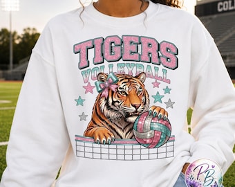 Tigers Volleyball PNG, Disco Ball Volleyball Sublimation Design, Pink Glitter Tiger Mascot Graphic, Volleyball DTF, Digital Download