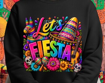 Design digitale colorato Let's Fiesta - Celebrazione messicana PNG e SVG per DTF, maglietta per festa Fiesta Cinco de Mayo Piñata Teschio di zucchero Grafica