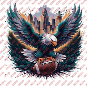 Örn som håller en fotboll med Philadelphias skyline, fankonst, PNG, sublimering, t-shirtdesign, urban, kopp, omedelbar nedladdning, fotboll