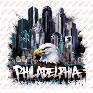 May include: A digital illustration featuring a bald eagle with a yellow beak and piercing eyes, set against a backdrop of a cityscape. The word "PHILADELPHIA" is prominently displayed in white, stylized lettering.
