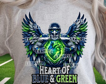 Maglietta da tifoso di football Heart of Blue & Green – Maglietta grafica per il giorno della partita – Design sportivo ispirato ai tifosi di Seattle