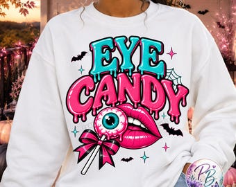 Pink Teal Halloween PNG, Retro Spooky Glam Sublimation Design, Eyeball Lollipop Shirt Graphic, Eye Candy PNG