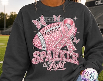 Breast Cancer Football PNG, Sparkle Fight Sublimation Design, Faux Rhinestone Pink Ribbon Graphic, Pink Out DTF, Digital Download