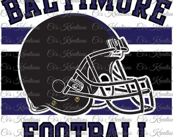 May include: A black football helmet graphic with the word "BALTIMORE" above and "FOOTBALL" below in purple and white. The design includes purple stripes and a white background.