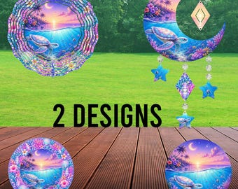 Girandola a vento a forma di tartaruga marina, design a sublimazione con mezzaluna e girandola rotonda, fantasia oceanica tropicale, tartaruga iridescente, download digitale in formato PNG