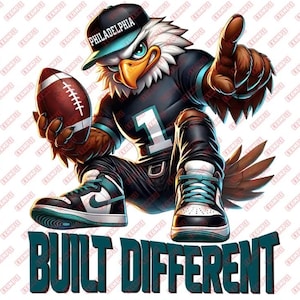 Op de afbeelding: Een digitale illustratie van een antropomorfe adelaar met een Philadelphia-hoed en -shirt, die een voetbal vasthoudt en wijst. De zin "BUILT DIFFERENT" staat onderaan. De adelaar draagt sneakers.