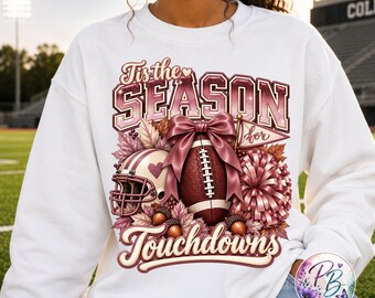 Tis The Season For Touchdowns PNG, Mauve Pink Football Sublimation Design, Fall Sports DTF Graphic, Coquette Football Bow, Digital Download