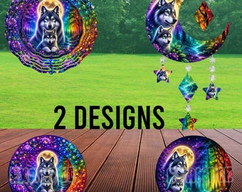 Set di girandole a vento con lupo, girandola a vento con lupo e luna in formato PNG, design di lupo fantasy, arte del lupo nella foresta arcobaleno, girandola a mezzaluna, sublimazione