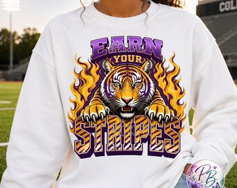 Earn Your Stripes Tiger PNG, Purple Yellow Sublimation Design, Tiger Mascot Varsity Graphic, Game Day DTF, Digital Download