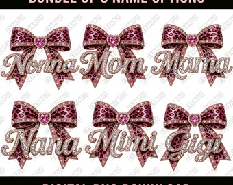 Pacchetto Mamma con Strass Leopardati PNG, Mamma Glitzy Nonna Nana Gigi Mimi Nonna, Fiocco con Ghepardo Rosa Download Digitale, Bling Png, Festa della Mamma