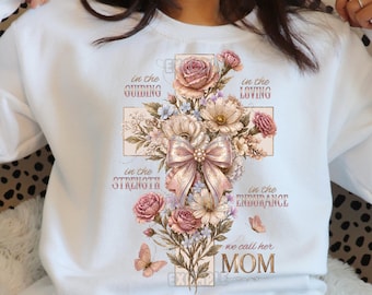 Croce floreale mamma PNG, La chiamiamo mamma, Cristiana, Festa della mamma, Croce botanica vintage con fiocco, Design per maglietta mamma fede, Sublimazione PNG