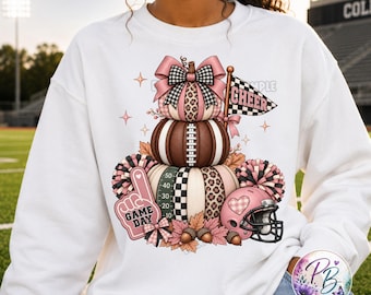 Pink Football Pumpkin PNG, Cheer Game Day Sublimation Design, Fall Sports DTF Graphic, Pink Cheerleader PNG, Digital Download