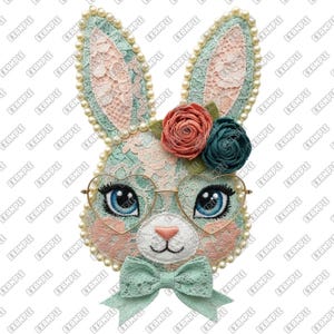 May include: A decorative bunny face with heart-shaped glasses, blue eyes, and a bow tie. The bunny has a floral headpiece and is adorned with pearls. The design incorporates lace and pastel colors.