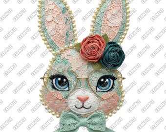 Coniglietto pasquale shabby chic in formato PNG, coniglio in pizzo realistico, disegno a sublimazione per magliette, coniglietto in stile ricamo artigianale, download digitale