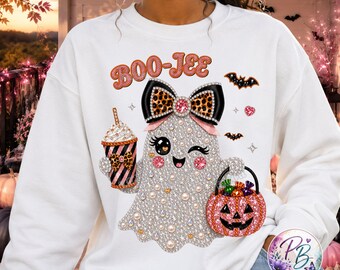 Boo Jee Ghost PNG, Boujee Halloween Sublimation Design, Faux Rhinestone Spooky Graphic, Glam Pink Pumpkin DTF, Digital Download