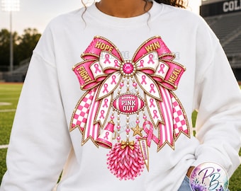 Breast Cancer Football PNG, Pink Out Sublimation Design, Pink Ribbon Cheer Bow Graphic, Cheerleader Game Day PNG, Digital Download