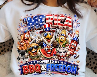 MERICA PNG / Divertente design per maglietta barbecue del 4 luglio / Mascotte patriottica per sublimazione / Download PNG per barbecue rosso, bianco e blu