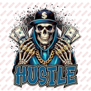 Puede incluir: Ilustración digital de un esqueleto con una sudadera con capucha azul y una gorra negra con un signo de dólar. El esqueleto sostiene fajos de billetes de 100 dólares y lleva anillos y una cadena de oro. La palabra "HUSTLE" se muestra en azul.