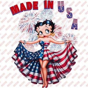 May include: A cartoon illustration of a woman in a strapless dress with a patriotic American flag design. The words "MADE IN USA" are above the woman, with fireworks in the background.