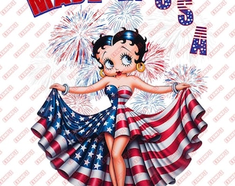 Prodotto negli Stati Uniti, Betsy Boo patriottica, 4 luglio, USA, bandiera, fuochi d'artificio, sublimazione, DTF, download digitale PNG