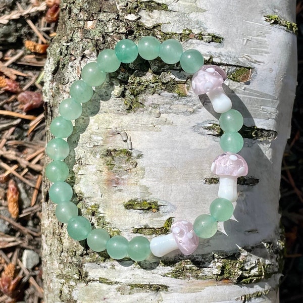 Pastel pink mushroom glass and green aventurine beaded bracelet - Handmade gemstone crystal cottagecore jewelry - Gift for her