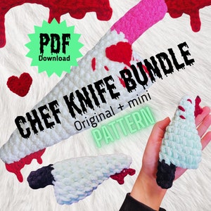 Koksmesbundel - pdf 2 PATRONEN, origineel + mini, haken, spook, horror, liefde, bloed, mes, amigurumi, halloween, pluche, laag gestikt