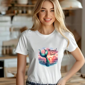 Mermaid at Heart T-Shirt: Sunset Tail Illustration, Ocean Lover Gift