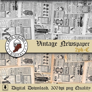 Puede incluir: Un collage de recortes de periódicos antiguos con anuncios y artículos en blanco y negro. El texto "Vintage Newspaper 2pk-C" se muestra en una fuente decorativa. También hay un logotipo circular con un casco vikingo.