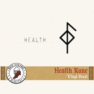 May include: Black and white vinyl decal of the Health Rune, a symbol representing health and well-being. The rune is a stylized letter F with a diagonal line across the top. The decal is on a brown background with the text "Health Rune Vinyl Decal" in red.
