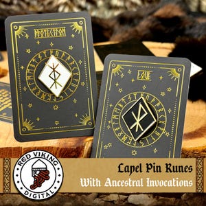 May include: Two black lapel pin cards with gold accents and runic symbols. One card reads "PROTECTION" and the other "TRUE". Each card features a diamond-shaped pin with a runic symbol. The bottom of the image has a logo and text that reads "Lapel Pin Runes With Ancestral Invocations."
